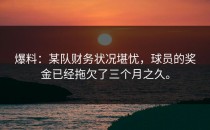 爆料：某队财务状况堪忧，球员的奖金已经拖欠了三个月之久。